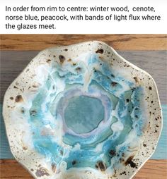 a blue and white bowl sitting on top of a wooden table