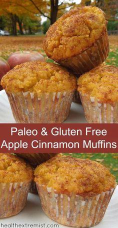 some muffins are stacked on top of each other with the words pale and gluten free apple cinnamon muffins