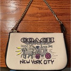 New Without Tags Coach Horse And Carriage Leather/Canvas Zipper With Gold Chain 7”L X 4”H X 2”W Very Unique One Of A Kind Pretty Tote Bags, Horse And Carriage, Browning Logo, Bags Coach, Rare Crystal, Mini Handbag, Mini Handbags, Mini Purse, Coach Leather