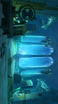 an underwater scene with some lights on the ceiling and blue water in the foreground