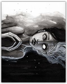 a drawing of a woman floating in the water with her eyes closed and hair blowing back