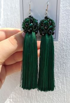 Green Silk Tassel Earrings, Green Rhinestone Tassel Earrings, Green Emerald Crystal Earrings, Green Dangle Earrings, Tassel Beads Earrings - Etsy Green Earrings With Latkans For Party, Green Latkan Earrings For Party, Green Tassel Earrings For Party, Green Fringe Tassel Earrings For Party, Handmade Green Tassel Earrings For Party, Elegant Green Jewelry With Tassels, Elegant Green Tassel Jewelry, Green Tassel Drop Earrings, Green Drop Tassel Earrings For Party