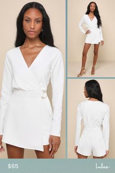 No matter how beautiful the skyline may seem, no view could compete with you in the Lulus Rooftop Bar White Long Sleeve Faux-Wrap Belted Skort Romper! This lightweight stretch-woven romper features long sleeves that fame a surplice bodice and a banded waist with a decorative gold buckle detail. A skort panel tops fitted shorts to finish the chic look! Hidden back zipper/clasp. Fit: This garment fits true to size. Length: Above mid-thigh. Size medium measures 31.75" from shoulder to hem. Inseam: Fitted Shorts, Romper Long Sleeve, Skort Romper, Lulu Fashion, Wrap Belt, Rooftop Bar, The Chic, How Beautiful, White Long Sleeve