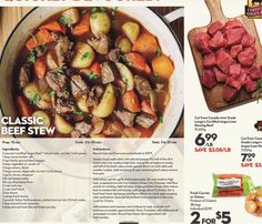 an ad for beef stew with carrots, potatoes and celery on the side