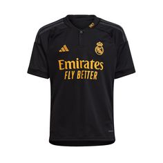 a black jersey with the words emiratess fly better on it and an image of a soccer