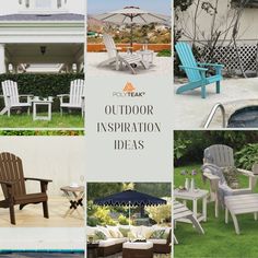 outdoor furniture is featured in this collage with the words, outdoor inspirations and chairs