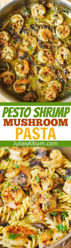 pesto shrimp mushroom pasta in a skillet with text overlay