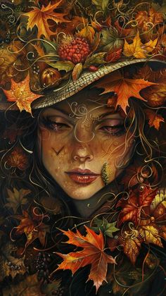 a painting of a woman with autumn leaves on her head and the words, fall is coming