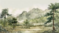 a painting of trees and mountains in the distance with mist coming from them, watercolor on paper