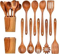 wooden utensils and spoons are lined up in a row on a white background