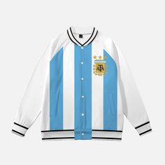 Looking fashionable has never been easier with this Messi College Jacket - Argentina soccer Jersey N. 10. Featuring the classic raglan jacket look, press buttons and two pouch pockets, this jacket is ready to take your everyday look a notch higher to reflect your unique personality and style. . Cotton + terrycloth fabric. Soft and warm (4 seasons). Press Buttons front closure. 2 front pockets Shipping from China (allow 21 days to reach worldwide destinations on average) Casual Varsity Jacket With Stand Collar For College, Long Sleeve Varsity Jacket With Button Closure For College, Retro Long Sleeve Varsity Jacket For Sports, White Baseball Collar Outerwear For Sports Events, Long Sleeve Track Jacket With Letter Print, Casual White Varsity Jacket With Stand Collar, Casual Fall Varsity Jacket For Sports Events, Casual Hooded Varsity Jacket With Button Closure, Sporty Long Sleeve College Windbreaker