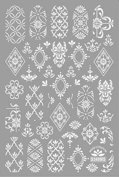 the stencil is shown in white on a gray background, with different designs