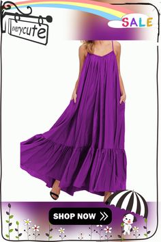 Purple Spaghetti Straps Pocket Casual Dress Purple Maxi Dress With Spaghetti Straps For Beach, Chic Maxi Dress With Spaghetti Straps And Pockets, Chic Maxi Dress With Pockets And Spaghetti Straps, Spaghetti Strap Maxi Dress With Pockets For Summer, Summer Party Maxi Dress With Pockets, Summer Purple Dresses With Pockets, Women Dresses Casual, Everyday Dresses Casual, Casual Dress Women