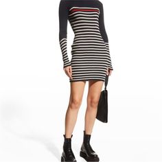 Nwt Rag & Bone Kate Knit Sweater Dress Striped Turtleneck Cotton Cashmere Blue Navy Blue And White Stripes Striped With One Single Pop Of Orange Ribbed Knit Blend Of Cotton And Cashmere Mini Length Long Sleeves Sleeved Longsleeved Pullover Style 12.5" Across The Underarms Laying Flat Unstretched 32" Length Shoulder To Hem No Longer Sold Knee Length Sweater, Army Green Dress, Kate Dress, Flounce Hem Dress, Black Short Sleeve Dress, Classic Shirt Dress, Mini Sheath Dress, Silk Shift Dress, Turtleneck Dress