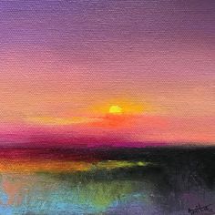 an oil painting of a sunset over the ocean with purple, yellow and pink colors