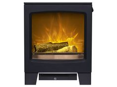 a black stove with yellow flames in the front and side panels on it's sides