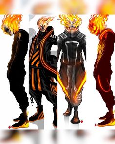 three men standing next to each other with flames in their hair