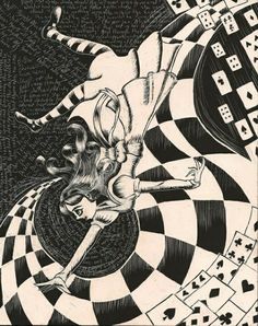 a black and white drawing of a woman on a checkered floor with playing cards