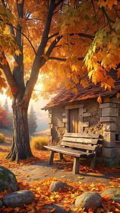 a wooden bench sitting in front of a tree filled with leaves next to a building