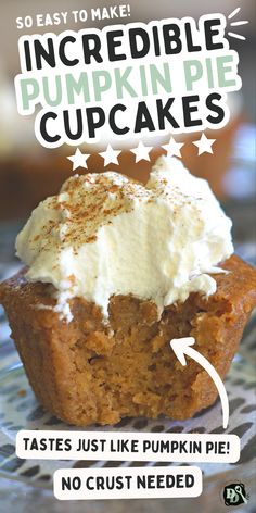 Incredible Easy Pumpkin Pie Cupcakes made with 100% pure pumpkin puree, pumpkin pie spice, and evaporated milk. Topped with homemade whipped cream for an impossible fall dessert recipe that tastes just like the best pumpkin pie without crust. Crustless Pumpkin Pie Muffins, Easy Pumpkin No Bake Recipes, What To Do With Pie Pumpkins, Pumpkin Puree Cupcakes, Baking Pie Pumpkins, Recipes With Pumpkin Pie Spice, 45 Calorie Pumpkin Pie, Pumpkin Pie In Muffin Tin, Pumpkin Pie Cupcakes Easy