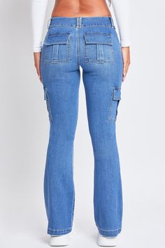 Dare to flare in our Women’s Low Rise Cargo Flare Jeans. This on-trend jean is constructed with midweight stretchy denim for a comfortable yet flattering fit. Features a silhouette that is fitted from the hip through the thigh and flares from the knee to the hem for a balanced sultry look. Detailed with slant front pockets and pleated flap pockets in the back and at the side. Style with your favorite baby tee and sneakers for a trendy ‘fit and chill vibe. Product Details- Low-Rise - Belt Loops- Zip Fly with Double Button Closure- Slant Front Pockets- Pleated Flap Back Pockets- Pleated Flap Cargo Pockets - Full Length, Flare Size and Fit (based on size 5)- Inseam: 33”- Rise: 8.5”- Leg Opening: 21”Hand wash cold. Line dry. 73% Cotton/ 25% Polyester/ 2% Spandex (Colors: L08, M08) Medium Wash Stretch Denim Flares, Stretch Medium Wash Denim Flares, Mid-rise Stretch Denim Flares, Stretch Denim Flares In Medium Wash, Stretch Mid-rise Denim Flares, High Rise Non-stretch Medium Wash Cargo Jeans, Casual Stretch Denim Flares, Stretch Dark Wash Flare Jeans With Pockets, Stretch Dark Wash Denim Cargo Jeans