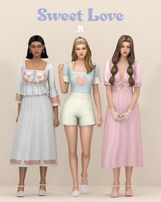 three women in dresses standing next to each other with the words sweet love on them