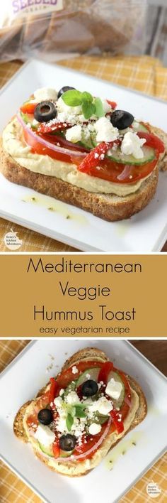 two plates with different types of food on them and the words mediterranean veggie hummus toast