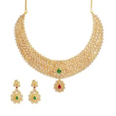 22K Yellow Gold Diamond Necklace & Earrings Set W/ 38.54ct Uncut Diamonds, Rubies & Emeralds on Choker Necklace - Virani Jewelers Traditional Yellow Gold Diamond-cut Necklace, Luxury 22k Gold Emerald Necklace, Luxury Yellow Gold Ruby Bridal Necklace, Luxury Traditional 22k Gold Emerald Necklace, Luxury 22k Gold Bollywood Necklace, Uncut Diamond Necklace, Gold Bead Necklace, Gold Diamond Necklace, Yellow Gold Setting