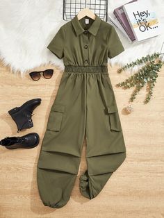 Army Green Casual Collar Short Sleeve Woven Fabric Plain Shirt Embellished Non-Stretch  Tween Girls Clothing Casual Solid Color Jumpsuits And Rompers For Playwear, Casual Short Sleeve Jumpsuit For Playwear, Casual Short Sleeve Jumpsuits And Rompers For Play, Casual Green Jumpsuits And Rompers For Playwear, Cheap Green Overalls For Women, Trendy Green Overall-style Jumpsuit, Preppy Style Casual, Khaki Military Style Long Sleeve Jumpsuits, Military Green Overalls With Pockets