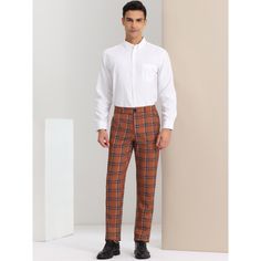 There is a variety of trousers in different colors and plaid patterns, which are fashionable and not monotonous. These men's trousers accentuate your figure without being too tight or too loose. Perfect for work, business, workout, party, date, golf, or at home with family and friends. These plaid trousers are a must-have in every man's wardrobe. Checked trousers are perfect for shirts, suits, and leather shoes and are a common addition to men's wardrobes. Plaid Bottoms For Business In Fall, Plaid Business Pants With Welt Pockets, Plaid Pants With Welt Pockets For Business, Plaid Dress Pants For Workwear, Mens Plaid Dress Pants, Plaid Dress Pants, Plaid Trousers, Checked Trousers, Pants Brown