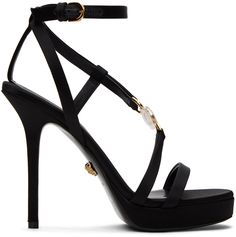 Satin heeled sandals in black. · Open toe · Strap at vamp · Crystal-cut signature Medusa hardware at vamp · Pin-buckle ankle strap · Logo printed at lambskin footbed · Covered stiletto heel with rubber injection · Patent calfskin sole · Gold-tone hardware · Heel: H4 Supplier color: Black/Gold Black Gucci Thong Sandal Size 39, Versace Heels, Crystal Heels, Patent Heels, Satin Heels, Stiletto Sandals, Gold Heels, Black Crystals, Heeled Sandals