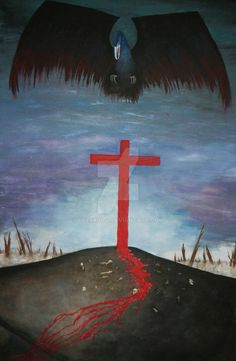 a painting of a cross and a large bird