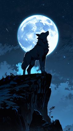 a wolf standing on top of a cliff under a full moon