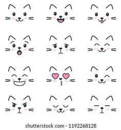 cute cartoon cat faces with different expressions and emotions, set of nine illustrations on white background