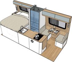 the interior of an rv with a bed, sink and stove top oven in it