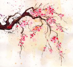 a painting of a tree with pink flowers on it's branches and watercolor splashes