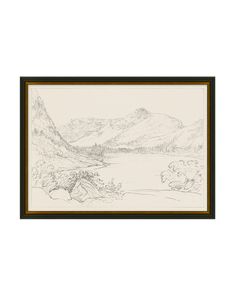 a black and white drawing of mountains with trees in the foreground, and a body of water below