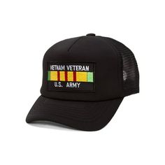 Represent the United States proudly with this high quality military trucker hats with embroidered patch. Size: One Size.  Color: Black.  Gender: unisex.  Age Group: adult. Military Patch, Military Hat, Vietnam Veterans, Mesh Panel, Embroidered Patch, Us Army, Trucker Hats, Embroidered Patches, Cloth Bags