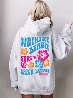 Coconut Girl Hibiscus Surf Hoodie Ash Grey Heather with Colorful Ink Waikiki Beach Hawaii Casual Surfing Hoodie With Graphic Print, Vacation Graphic Print Long Sleeve Hoodie, Graphic Print Long Sleeve Hoodie For Vacation, Long Sleeve Graphic Print Hoodie For Vacation, Casual Beach Hoodie For Beach Season, Vacation Long Sleeve Hoodie With Graphic Print, Long Sleeve Graphic Hoodie For Vacation, Beach Hoodie With Drawstring Hood, Oversized Hoodie For Beach Season