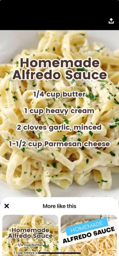 the recipe for homemade alfredo sauce is shown in this screenshote screen shot,