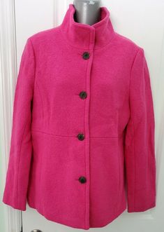 Land's End womans PINK wool blend coat Size 6.  PINK 51% wool and 49% rayon = warmth and keeps it's shape. PINK 100% polyester lining. Waist to show off your size 6! Please review all photos and measurements as they are part of the description. Measurements: 38" bust 36" waist 25" sleeve 16" shoulder to shoulder 26.5" length All measurements taken laying flat. Thanks for looking. Pink Wool Coat For Fall, Casual Pink Wool Outerwear, Fitted Pink Wool Outerwear, Pink Fitted Wool Outerwear, Land's End, Wool Blend Coat, Show Off, Lands End, Wool Blend