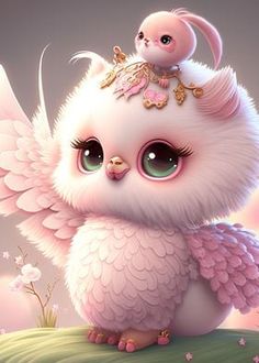 an adorable little pink owl sitting on top of a tree branch with its wings spread