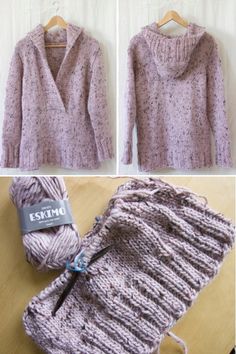 two pictures show the same sweater as it appears to have been knitted with yarn