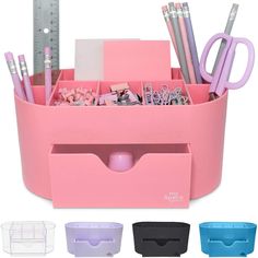 a pink container filled with lots of office supplies