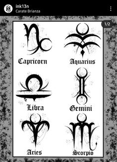 the zodiac signs and their meanings are shown in black ink on a white paper background