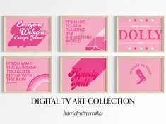 four pink wall art pieces with the words,'digital tv art collection '