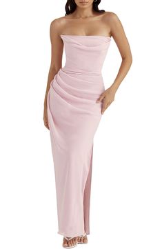 HOUSE OF CB Adrienne Gathered Strapless Gown | Nordstrom Light Pink Formal Dresses, Light Pink Prom Dress, Light Pink Bridesmaid Dresses, Pink Satin Dress, Pink Long Dress, Pink Strapless Dress, Strapless Prom Dresses, Pink Prom Dress, Pink Formal Dresses