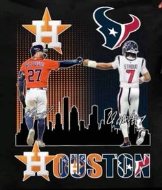 two football players are shaking hands in front of a houston skyline with the word houston on it