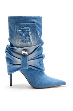 These foxy heeled boots are giving major early 2000’s vibes! AZALEA WANG’s Fox Denim Stiletto Bootie features a pointed toe, fold over silhouette, and is made of a medium wash denim fabric. The fold over contains a pocket detail and scrunched fabric that is secured with a large jewel embellishment. These are perfect for a night out and adding some flair to your outfit. Shaft Height: 7.5" Opening Circumference: 14" Heel Height: 4" Blue Cowboy Boots, Shoe Hacks, Azalea Wang, Sandals For Sale, Boots For Sale, Autumn Fashion Women, Short Boots, Shorts With Pockets, Denim Fabric