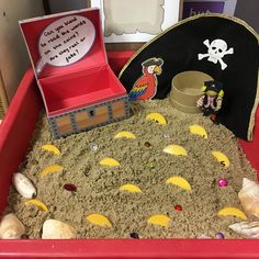 a pirate's chest with sand and toys in it